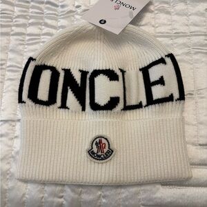 Moncler White and Black Logo Beanie